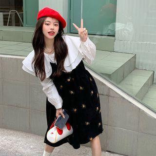 Corduroy Flower Embroidered Dress / Peter Pan Collar Long-sleeve Shirt