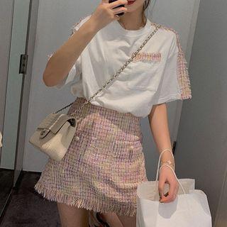 Set: Pocket Detail Short-sleeve T-shirt + Tweed A-line Skirt