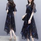 Short-sleeve Floral Print Mesh A-line Dress