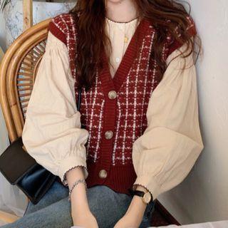 Plaid Knit Vest / Puff-sleeve Blouse