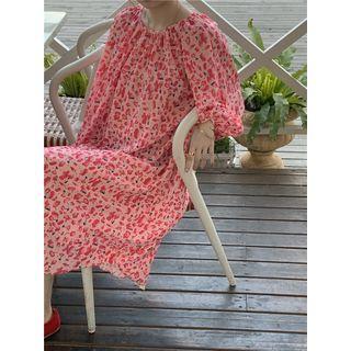 Floral Elbow-sleeve Midi A-line Dress Light Pink - One Size