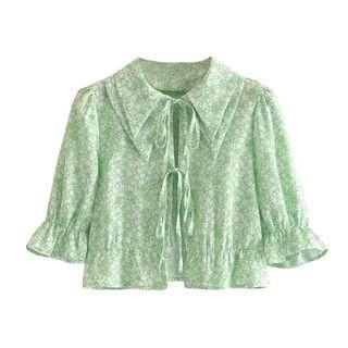 Short-sleeve Collared Tie-front Floral Print Crop Top
