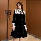 Puff-sleeve Paneled Glitter A-line Dress Black - One Size