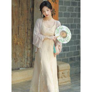 Spaghetti Strap Floral Print Panel Midi Dress / Long-sleeve Crop Top / Set