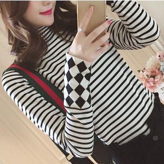 Long-sleeve Mock Neck Diamond Panel Striped Knit Top
