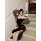 Spaghetti Strap Fluffy Panel Midi Sheath Dress / Cardigan