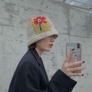 Flower Applique Knit Bucket Hat