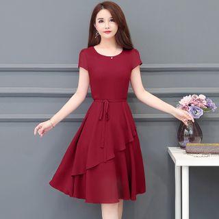 Short-sleeve Midi A-line Tiered Chiffon Dress