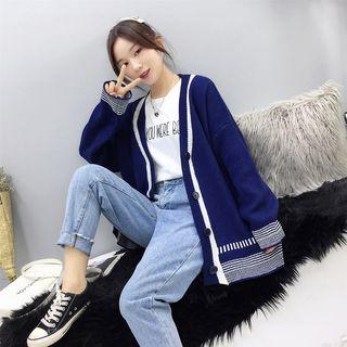 Striped Trim Loose-fit V-neck Cardigan