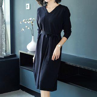 Tie Waist Long-sleeve Knitted Dress