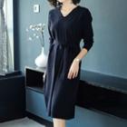 Tie Waist Long-sleeve Knitted Dress