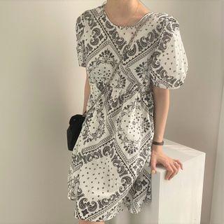 Puff-sleeve Paisley Print Mini A-line Dress
