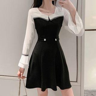 Long-sleeve Color Block A-line Mini Dress