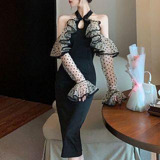 Cold-shoulder Mesh Ruffled Dotted Sheath Dress