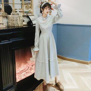 Long-sleeve Lace Trim Embroidered Midi Dress