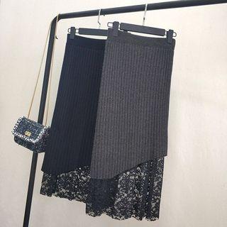 Lace Panel Midi Rib Knit Skirt