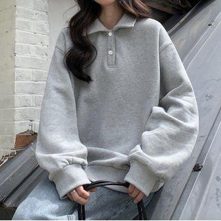 Long-sleeve Plain Polo Collar Sweatshirt