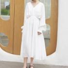 Long-sleeve V-neck A-line Midi Dress White - One Size