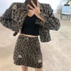 Set: Denim Leopard Print Distressed Button Jacket + High-waist A-line Skirt Leopard - One Size