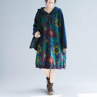 Floral Print Midi A-line Hoodie Dress