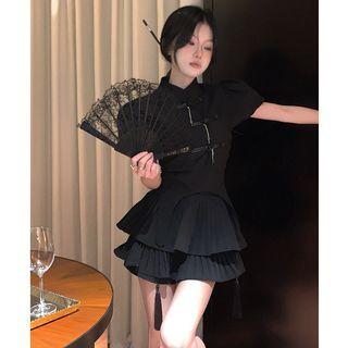 Puff-sleeve Frog-button Blouse / Ruffle Mini A-line Skirt