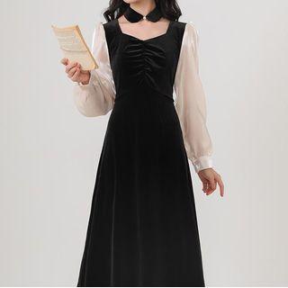 Puff-sleeve Shirred Choker-neck Midi A-line Dress