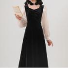 Puff-sleeve Shirred Choker-neck Midi A-line Dress