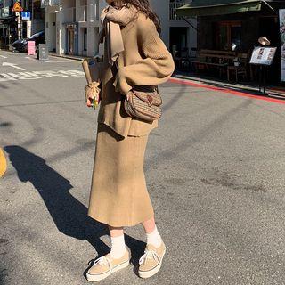 Set: V-neck Ribbed Sweater + Midi Ribbed Knit Skirt