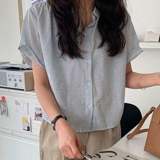 Short-sleeve Shirred Checked Shirt