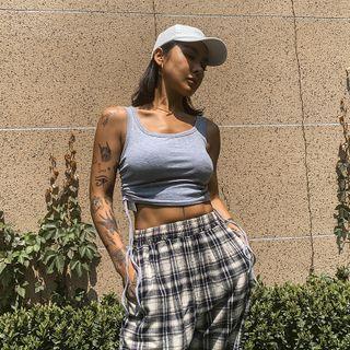 U-neck Plain Pleated Drawstring Tank Top