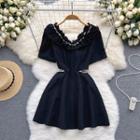 Short-sleeve V-neck Rhinestone Plain Cutout Waist Dress