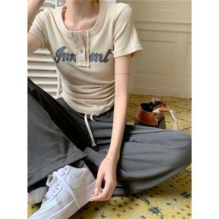 Short-sleeve Lettering Drawstring Top / High-waist Plain Pants