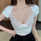 Short-sleeve Lace Panel T-shirt White - One Size