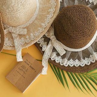 Beribboned Lace-trim Sun Hat