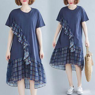 Plaid Panel Ruffle Dress Blue - F