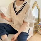 V-neck Piped Cable-knit Sweater Vest