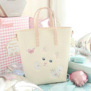 Embroidered Cat Faux-leather Tote Bag