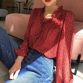 Frilled-trim Pintuck-detail Floral Blouse