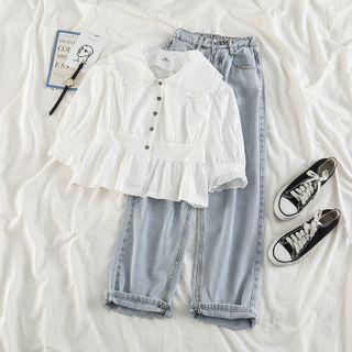 Puff-sleeve Blouse / Straight Leg Jeans