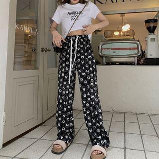 Lettering High Waist Wide Leg Pants Black - One Size