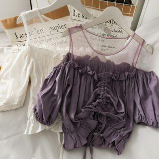 Mesh-panel Ruffled Drawstring Crop Top