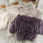 Mesh-panel Ruffled Drawstring Crop Top