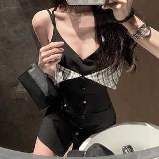 Spaghetti Strap Plaid Panel Button Mini A-line Skirt