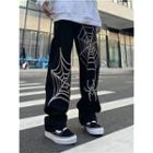 High Waist Web Embroidered Wide Leg Jeans