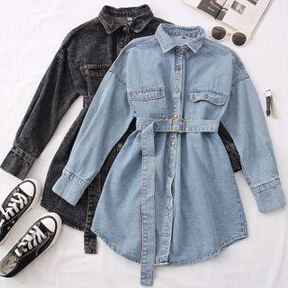 Drop-shoulder Denim Mini Dress With Belt