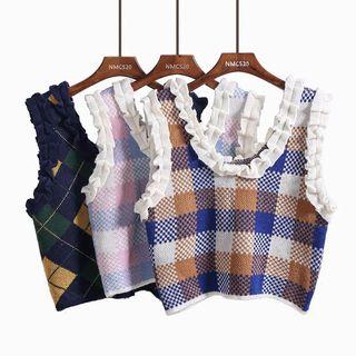 Ruffled-trim U-neck Plaid Cropped Knit Vest