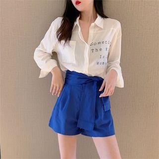 Lettering Shirt / Tie-waist Wide Leg Shorts