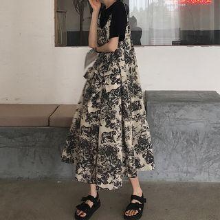 Plain Short-sleeve T-shirt / Printed Midi Spaghetti Strap Dress