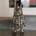 Plain Short-sleeve T-shirt / Printed Midi Spaghetti Strap Dress