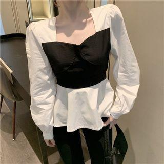 Square Neck Long Sleeve Shirt White & Black - One Size